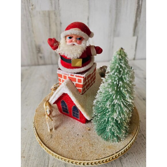 Antique Santa musical rotating house flocked Xmas tree reindeer decor - Picture 2 of 8